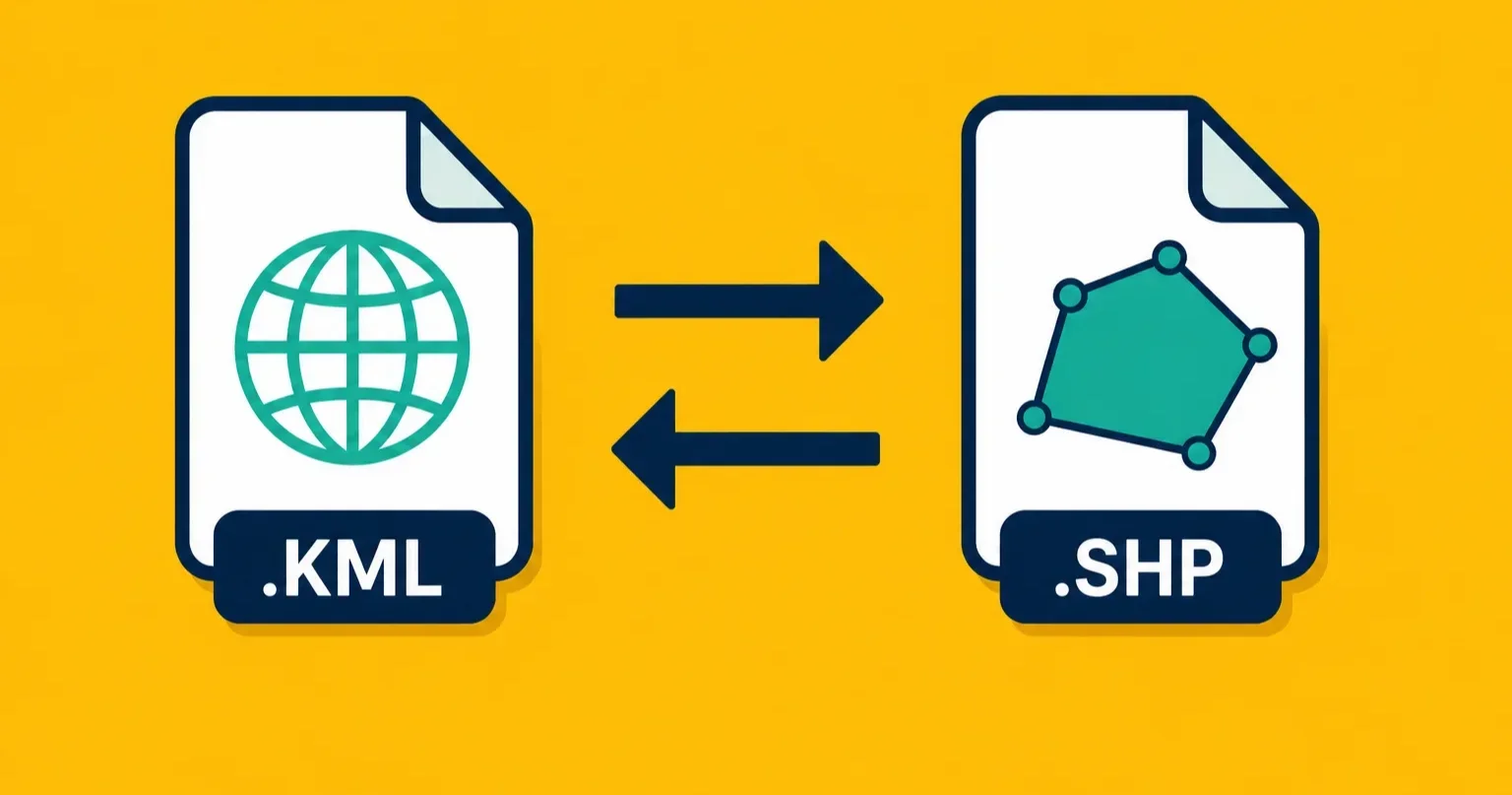 A KML file and a Shapefile bundle with arrows showing conversion in both directions.