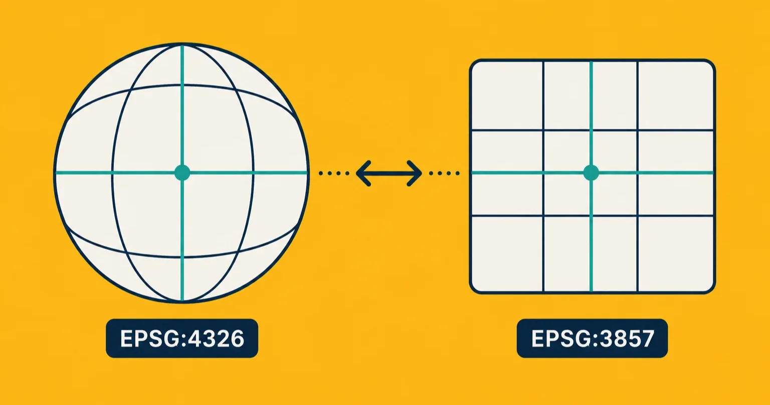 A globe and a flat map side by side, illustrating geographic coordinates versus a projected coordinate system.