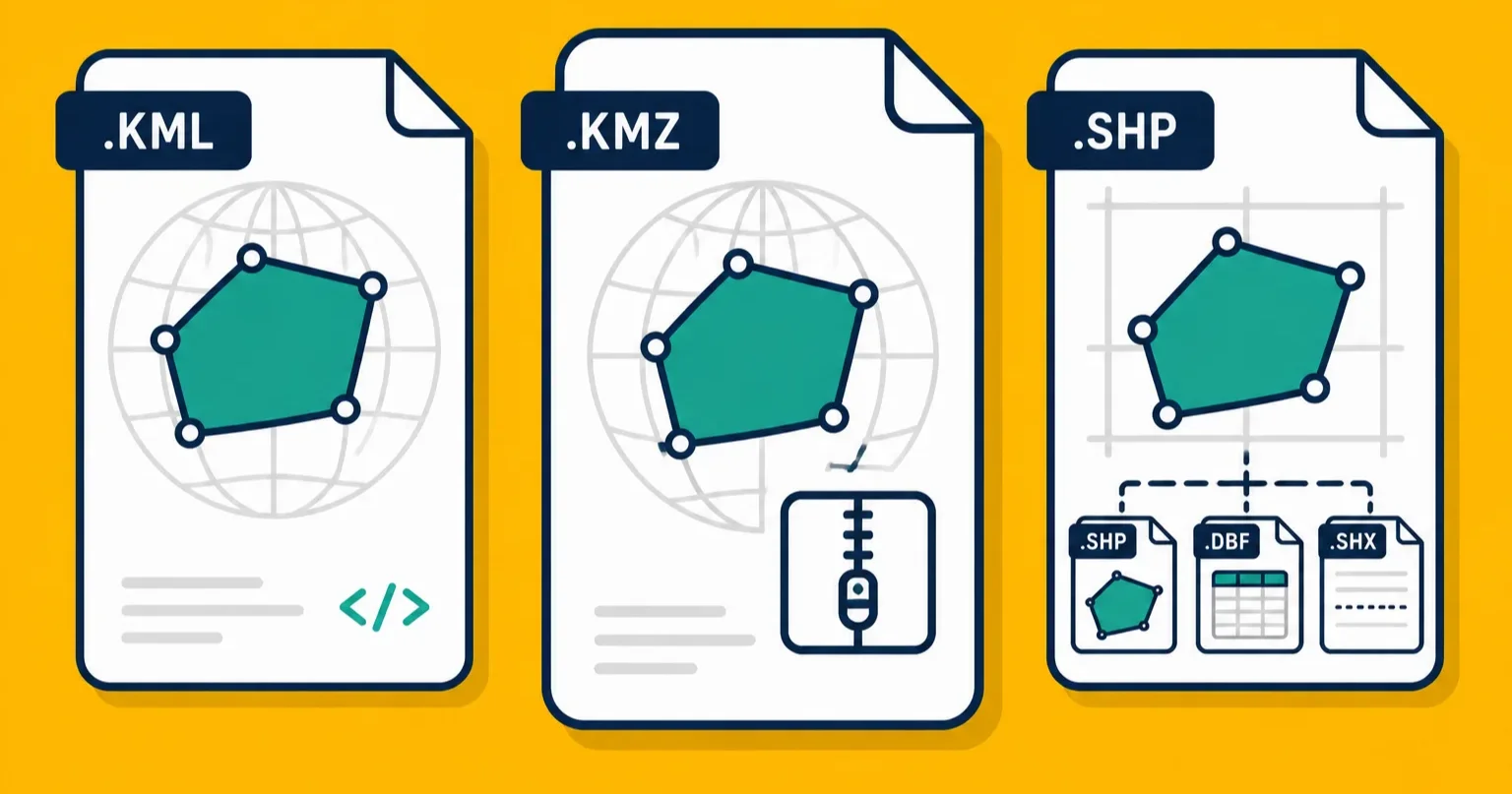 Three file format icons for KMZ, KML, and Shapefile side by side with a decision arrow.