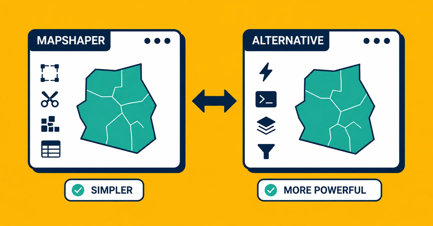 A comparison between mapshaper and alternative geodata tools showing different workflows.