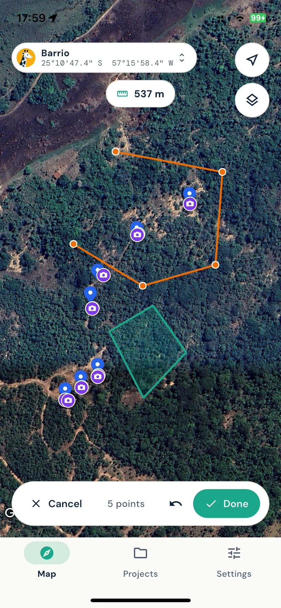 Landplot mapping a forest plot with markers, an area, and a GPS track