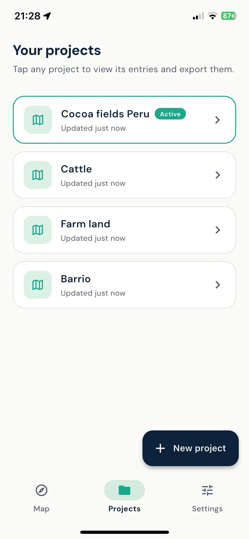 Landplot projects list with several field projects