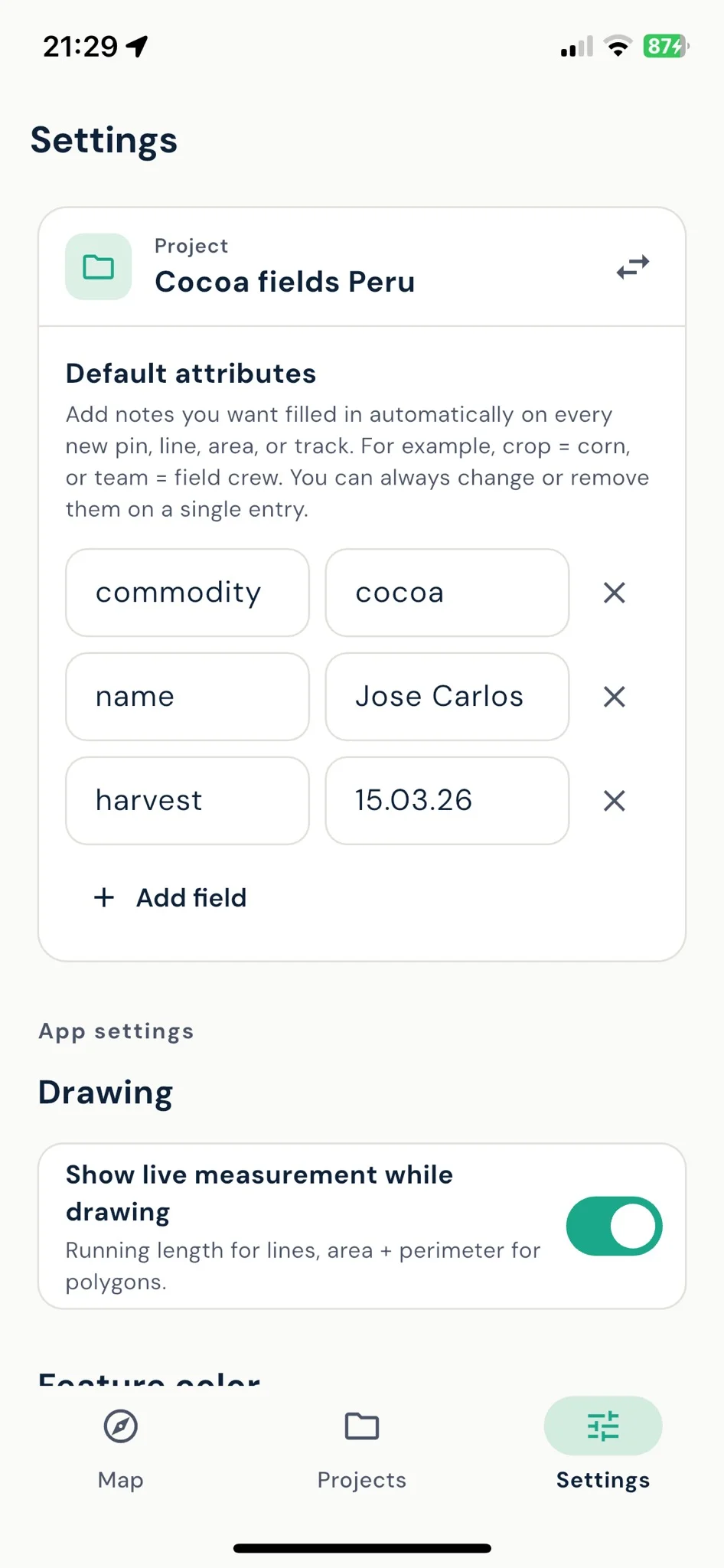 Landplot settings with default attributes filled in for a project
